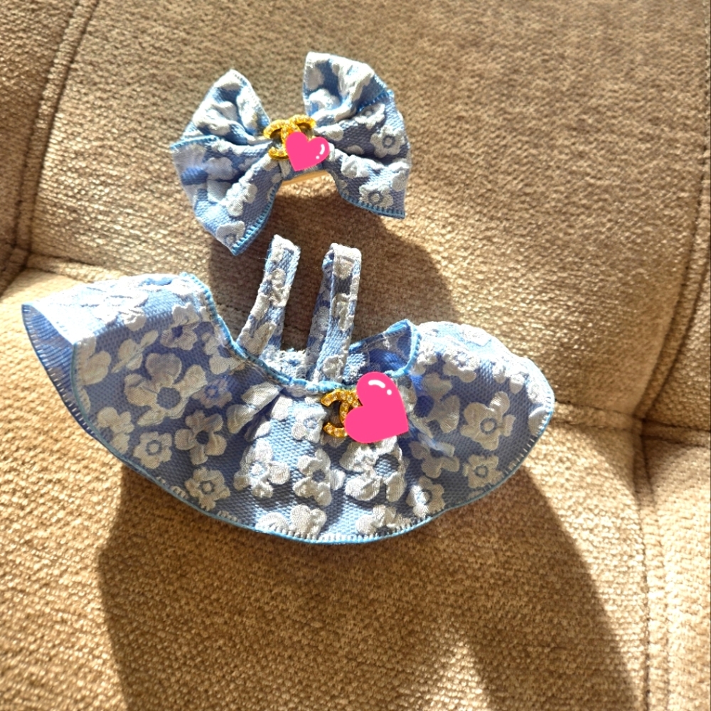 Floral Blue Hair Bow and Dress Set for 17cm Labubu
